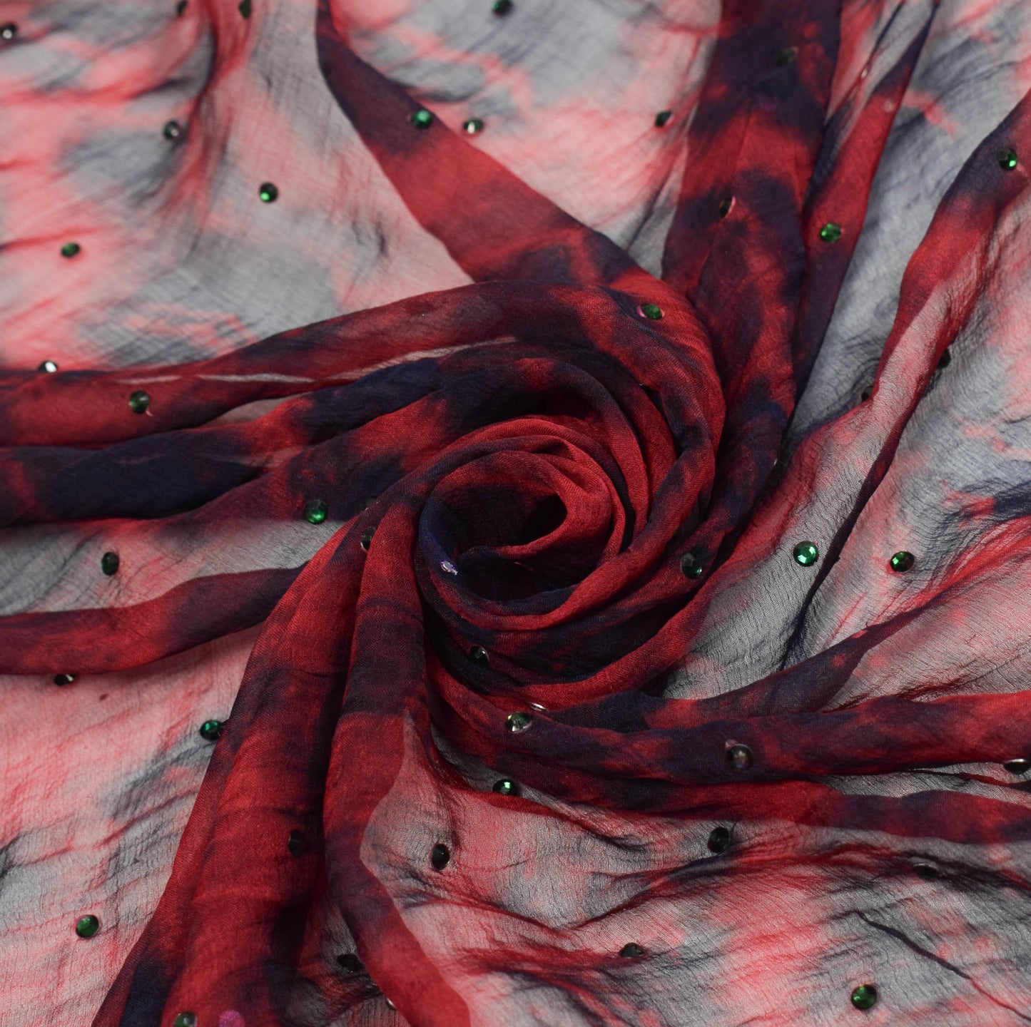 Sushila Vintage Red Black Tie-Dye Dupatta Pure chiffon Hand Beaded Long Stole