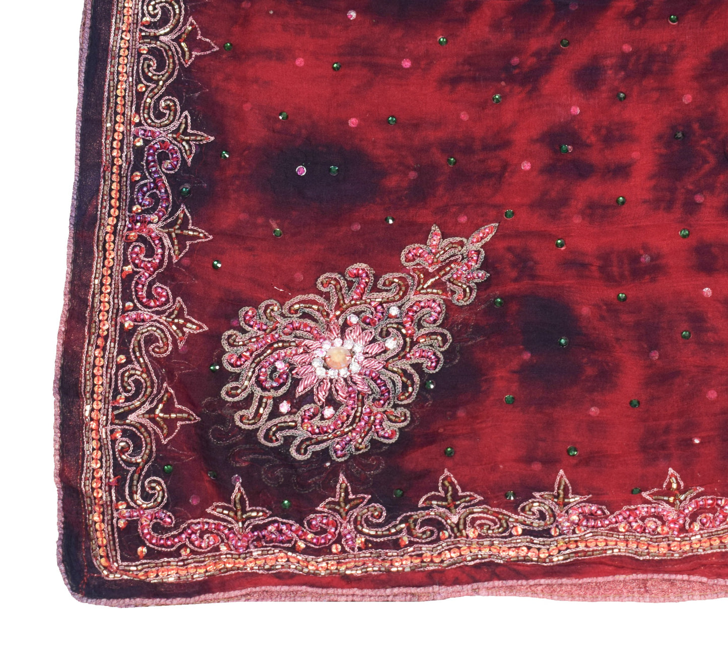 Sushila Vintage Red Black Tie-Dye Dupatta Pure chiffon Hand Beaded Long Stole