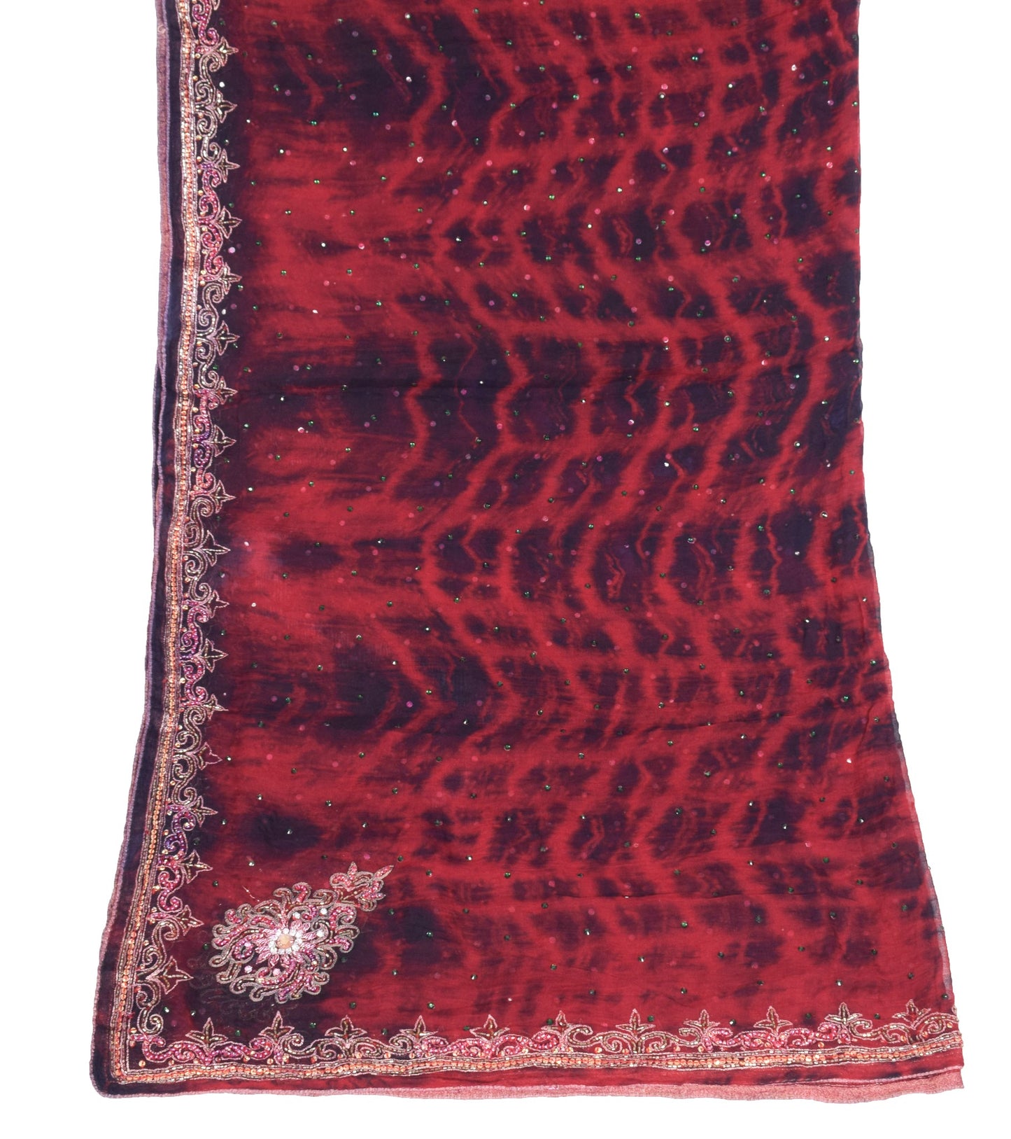 Sushila Vintage Red Black Tie-Dye Dupatta Pure chiffon Hand Beaded Long Stole