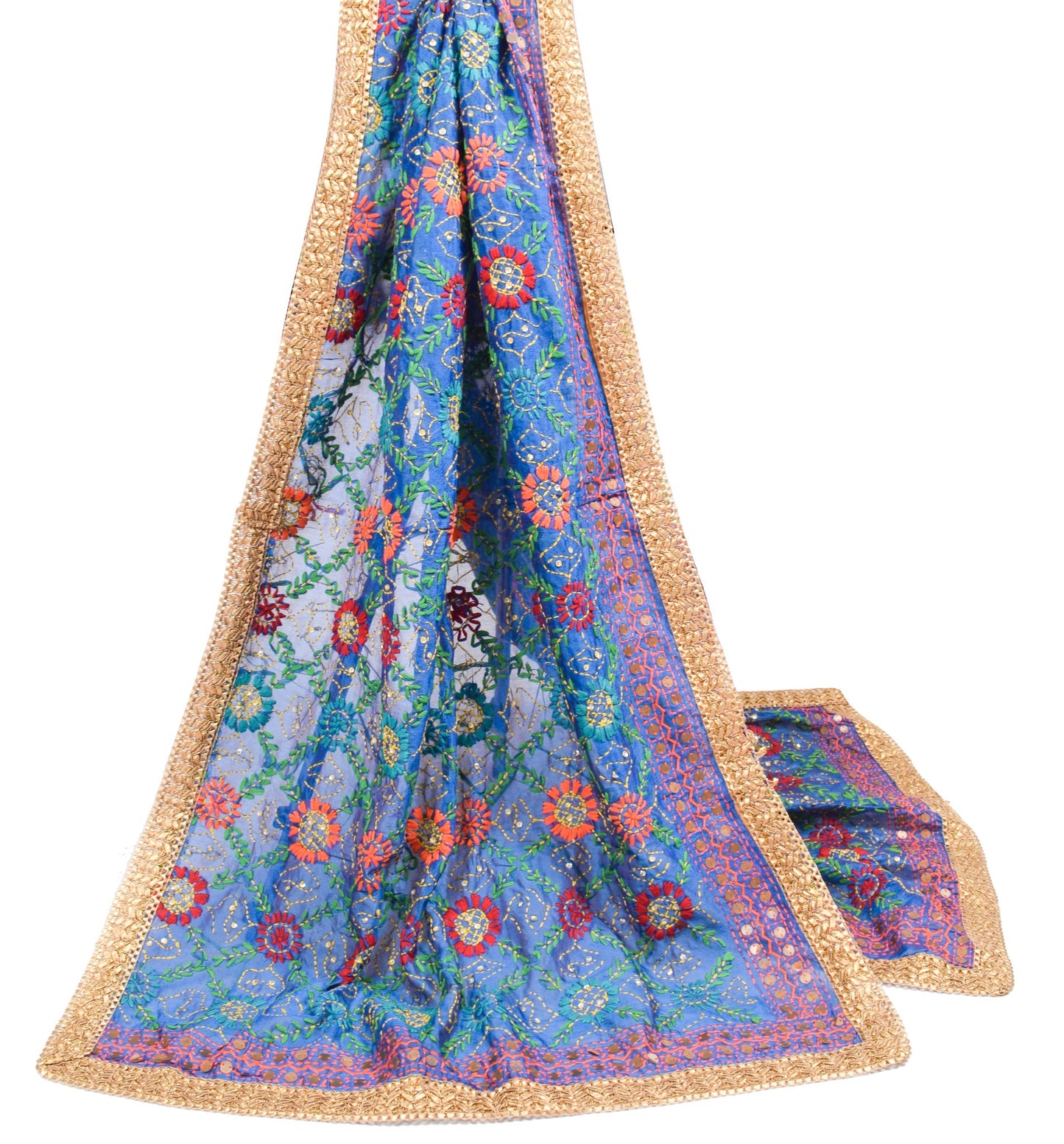 Sushila Vintage Blue Heavy Dupatta Art Silk Handmade Phulkari OOAK Long Stole