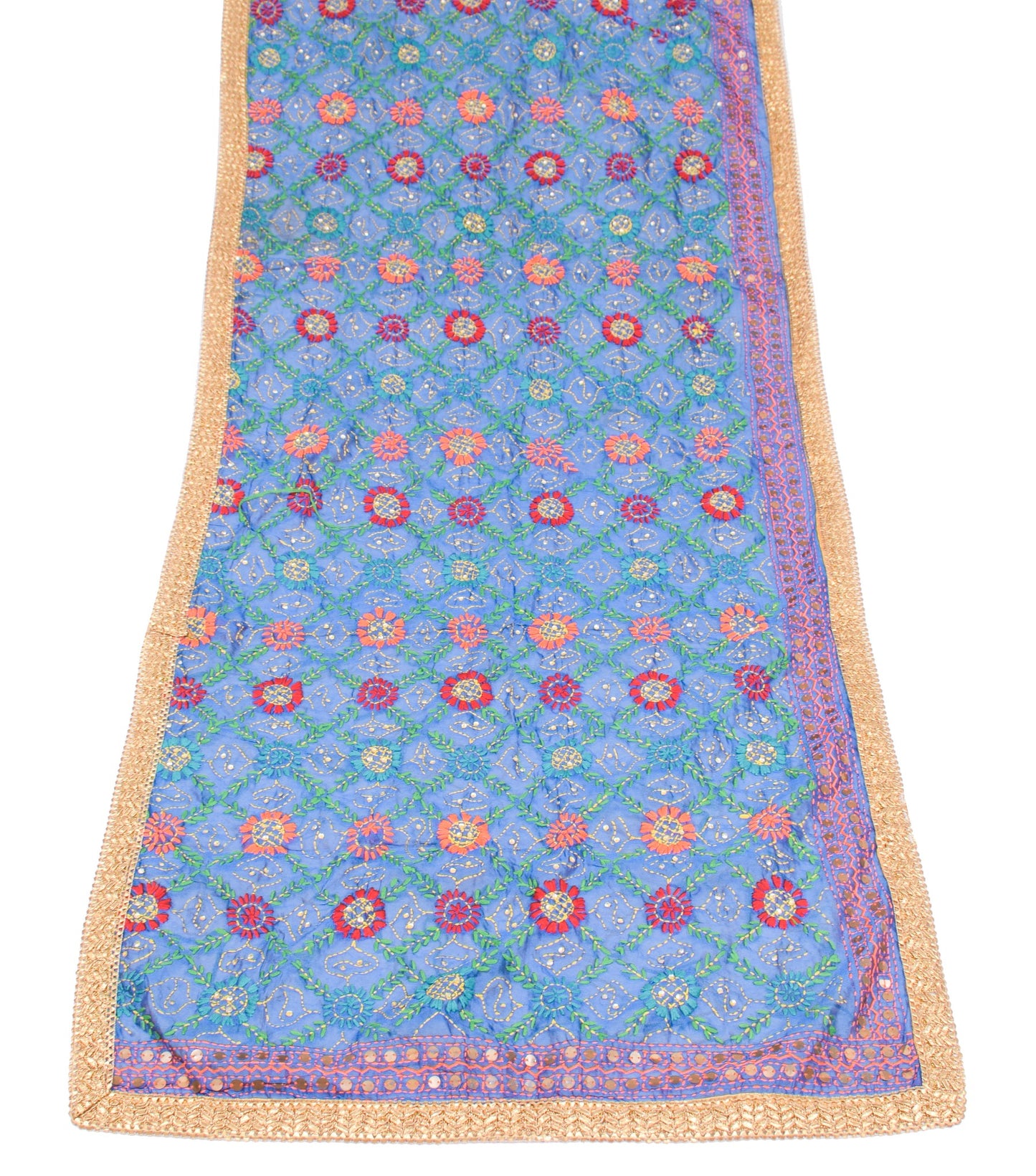 Sushila Vintage Blue Heavy Dupatta Art Silk Handmade Phulkari OOAK Long Stole
