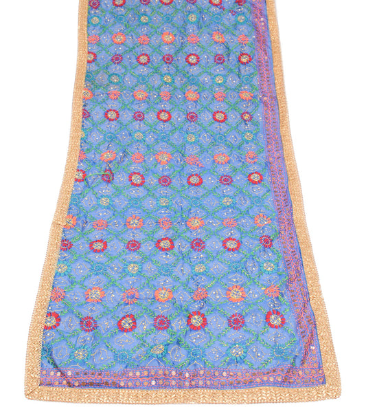 Sushila Vintage Blue Heavy Dupatta Art Silk Handmade Phulkari OOAK Long Stole