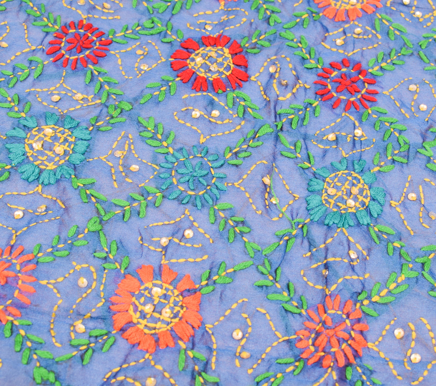 Sushila Vintage Blue Heavy Dupatta Art Silk Handmade Phulkari OOAK Long Stole