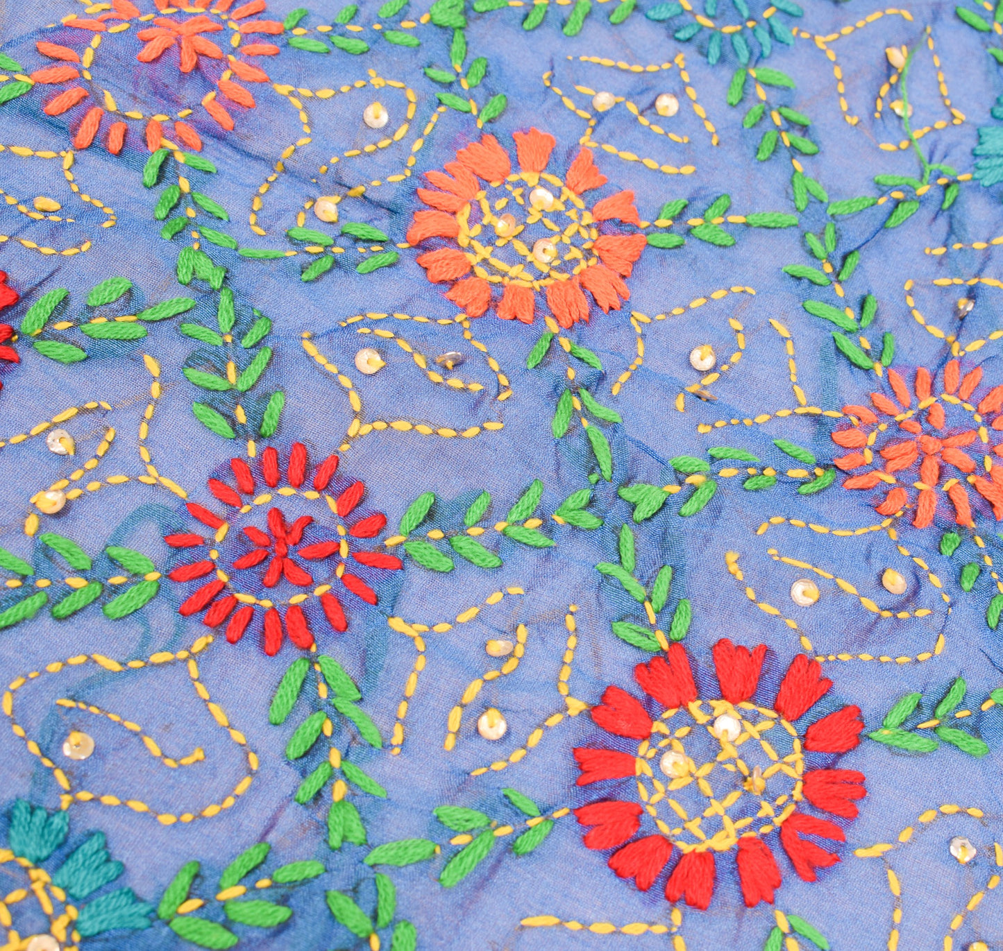 Sushila Vintage Blue Heavy Dupatta Art Silk Handmade Phulkari OOAK Long Stole