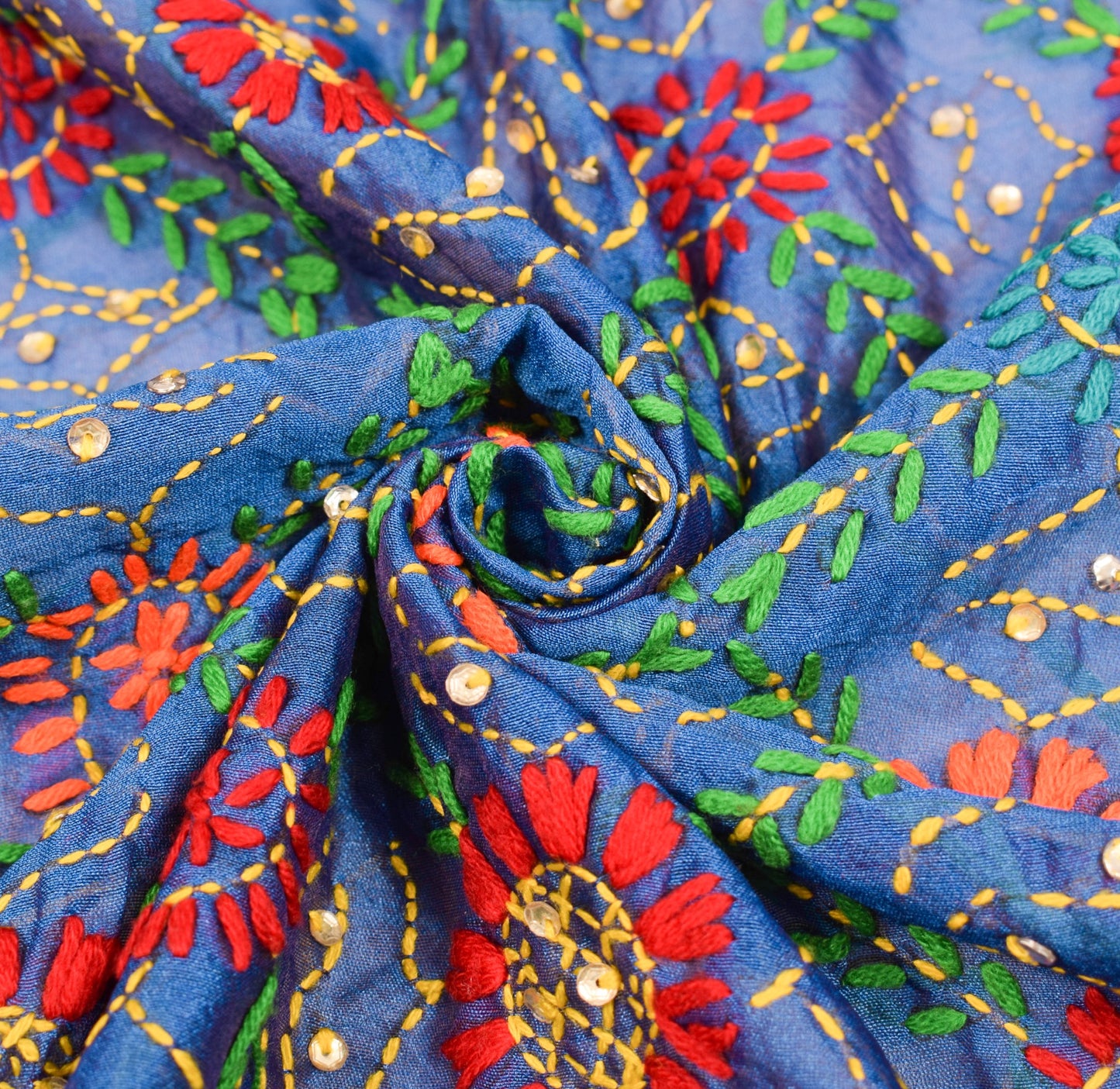 Sushila Vintage Blue Heavy Dupatta Art Silk Handmade Phulkari OOAK Long Stole