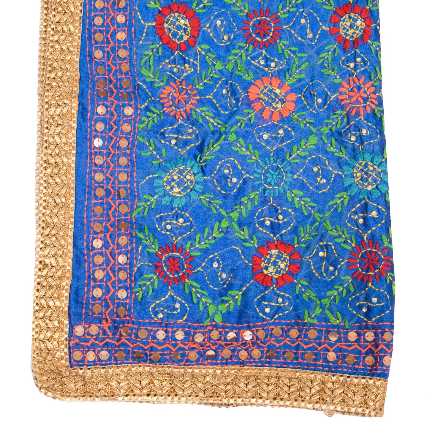 Sushila Vintage Blue Heavy Dupatta Art Silk Handmade Phulkari OOAK Long Stole