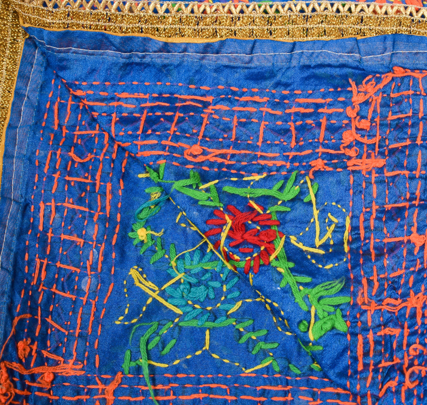 Sushila Vintage Blue Heavy Dupatta Art Silk Handmade Phulkari OOAK Long Stole