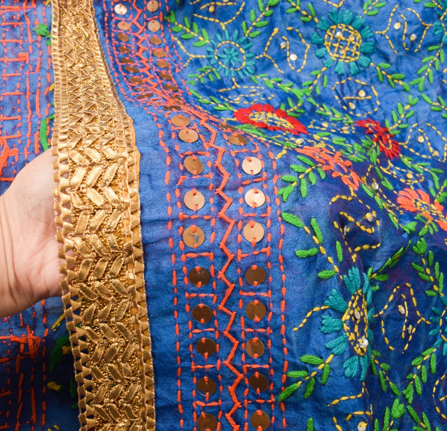 Sushila Vintage Blue Heavy Dupatta Art Silk Handmade Phulkari OOAK Long Stole