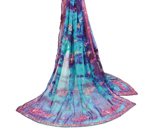 Sushila Vintage Green Tie-Dye Dupatta Pure Chiffon Embroidered Floral Long Stole