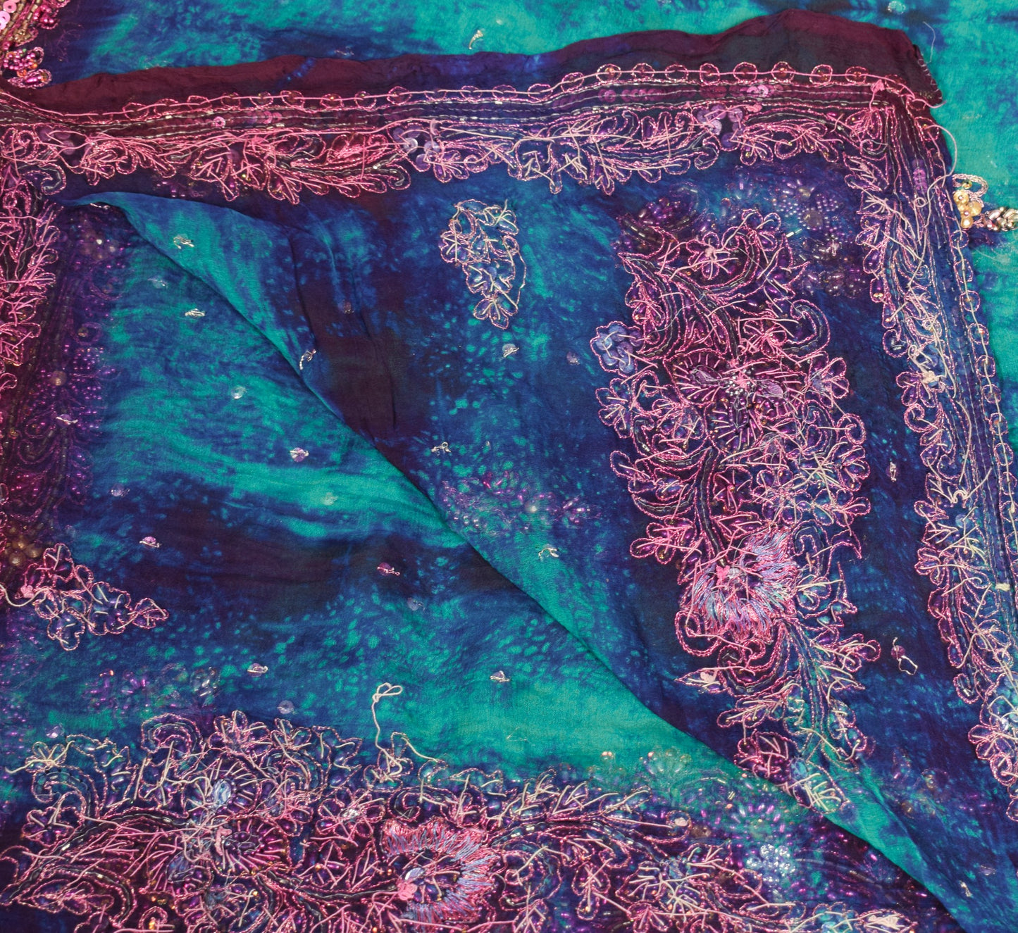 Sushila Vintage Green Tie-Dye Dupatta Pure Chiffon Embroidered Floral Long Stole