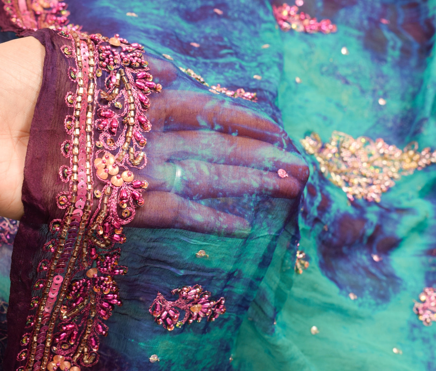 Sushila Vintage Green Tie-Dye Dupatta Pure Chiffon Embroidered Floral Long Stole