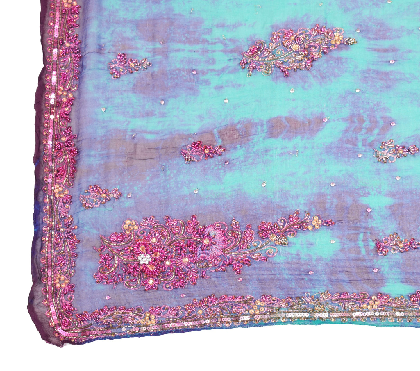 Sushila Vintage Green Tie-Dye Dupatta Pure Chiffon Embroidered Floral Long Stole