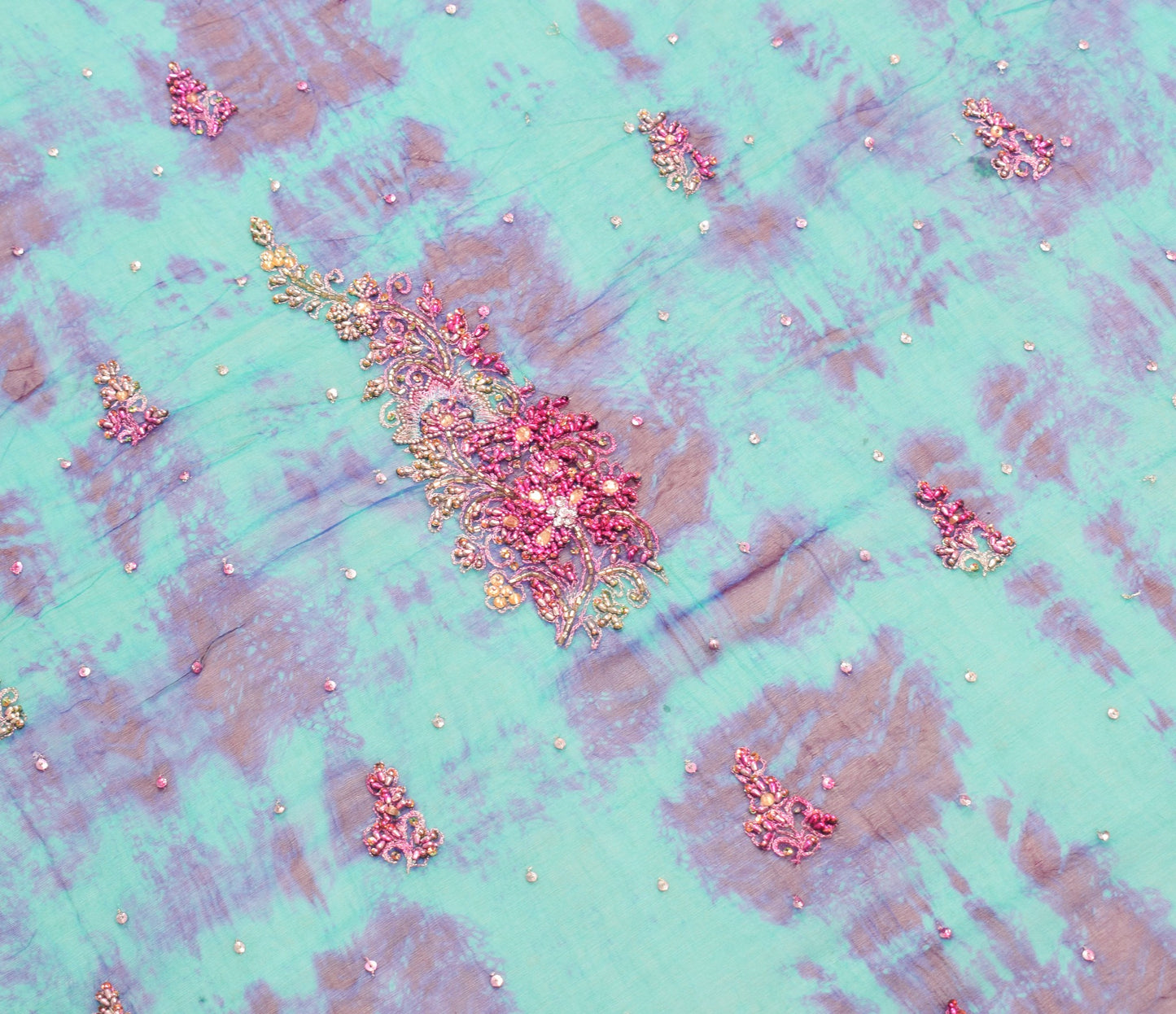 Sushila Vintage Green Tie-Dye Dupatta Pure Chiffon Embroidered Floral Long Stole