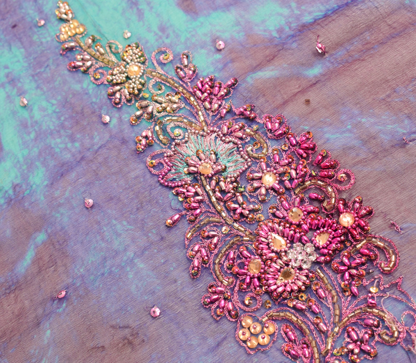 Sushila Vintage Green Tie-Dye Dupatta Pure Chiffon Embroidered Floral Long Stole