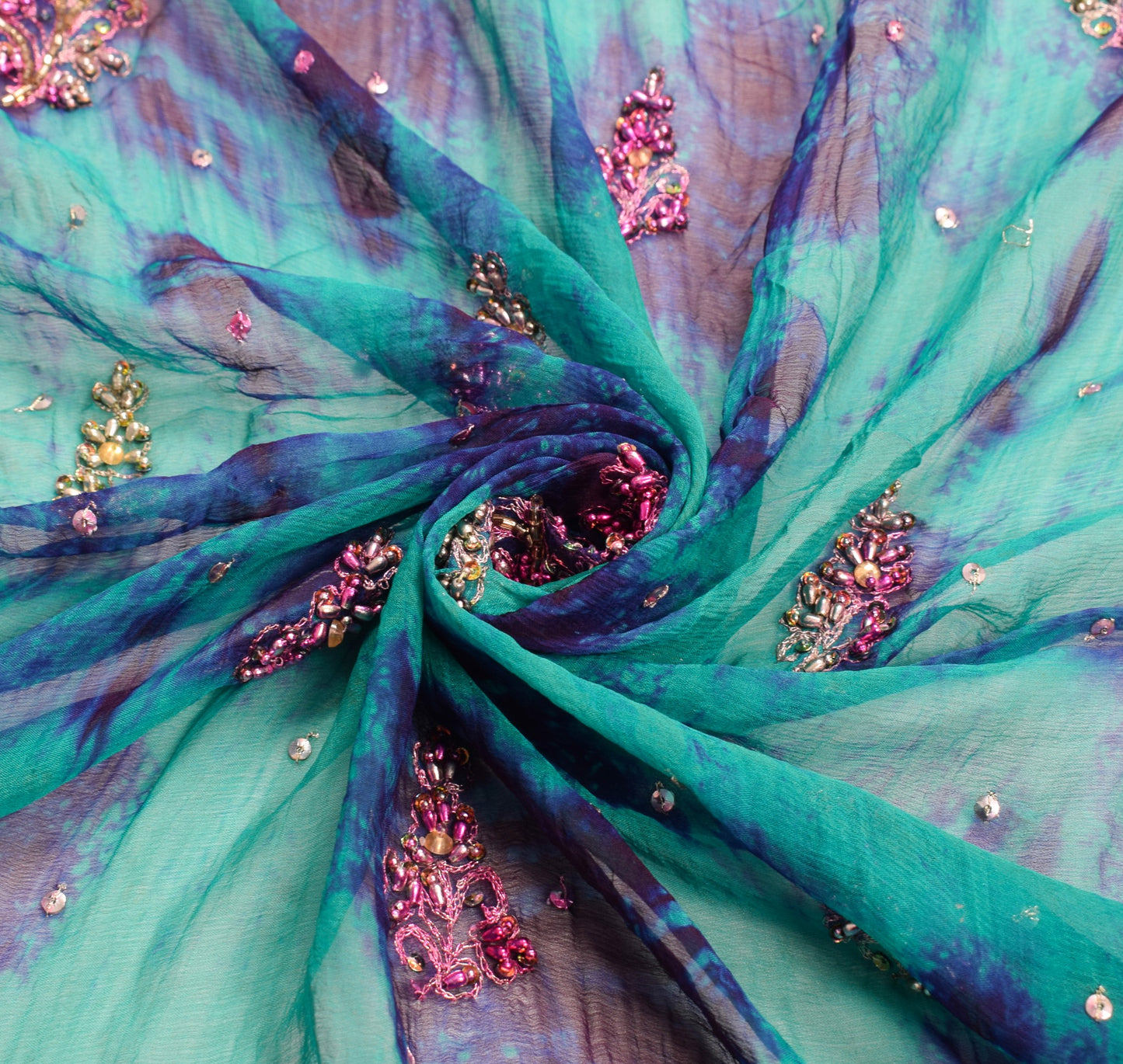 Sushila Vintage Green Tie-Dye Dupatta Pure Chiffon Embroidered Floral Long Stole