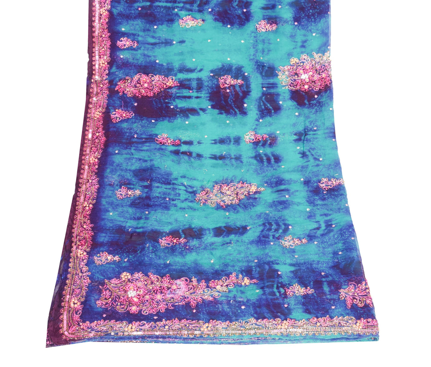 Sushila Vintage Green Tie-Dye Dupatta Pure Chiffon Embroidered Floral Long Stole