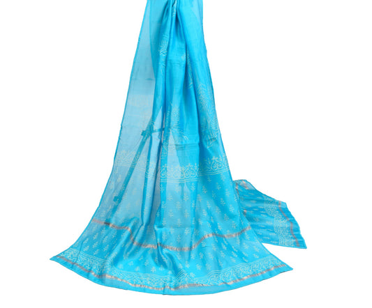 Sushila Vintage Pure Cotton Dupatta Turquoise Blue Hand Block Printed Long Stole