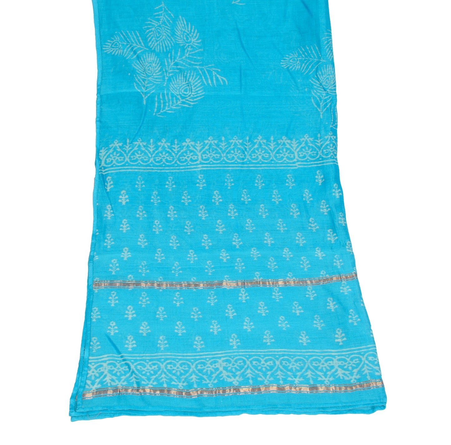 Sushila Vintage Pure Cotton Dupatta Turquoise Blue Hand Block Printed Long Stole
