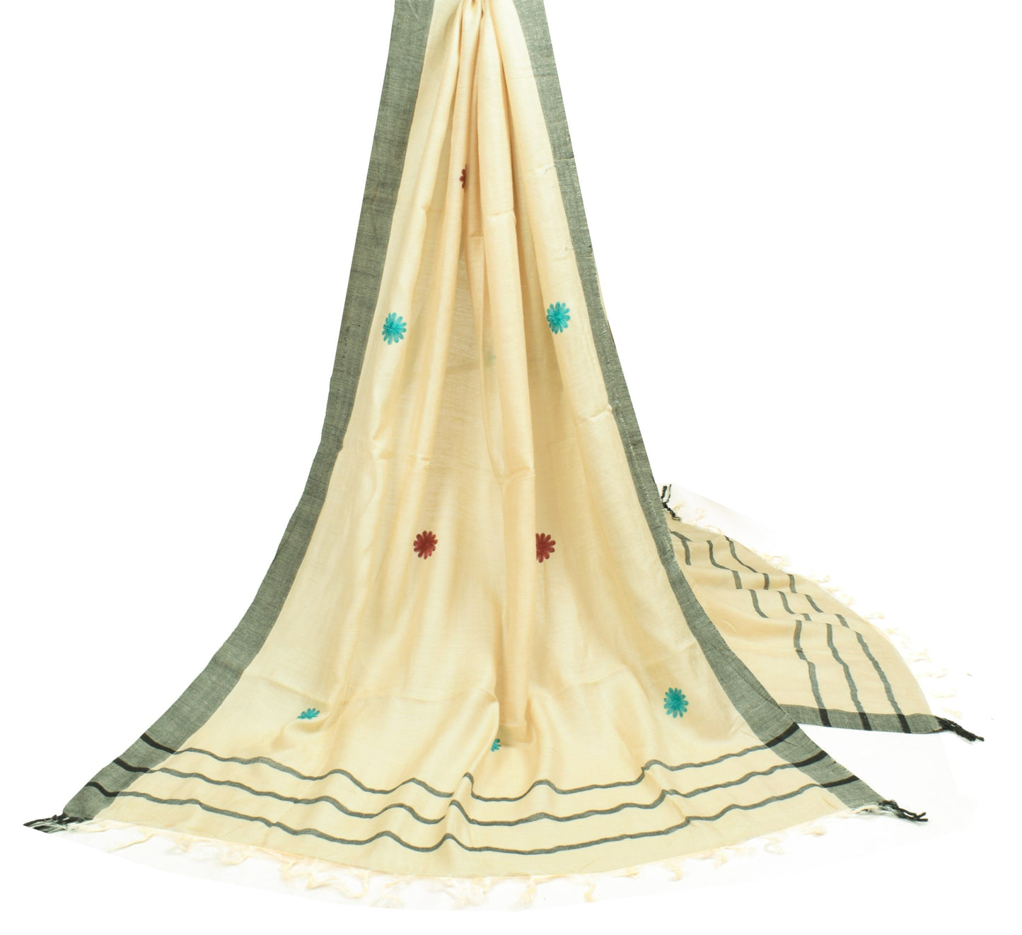 Sushila Vintage Pure Woolen Dupatta Woven Kashmiri Embroidered Cream Long Stole