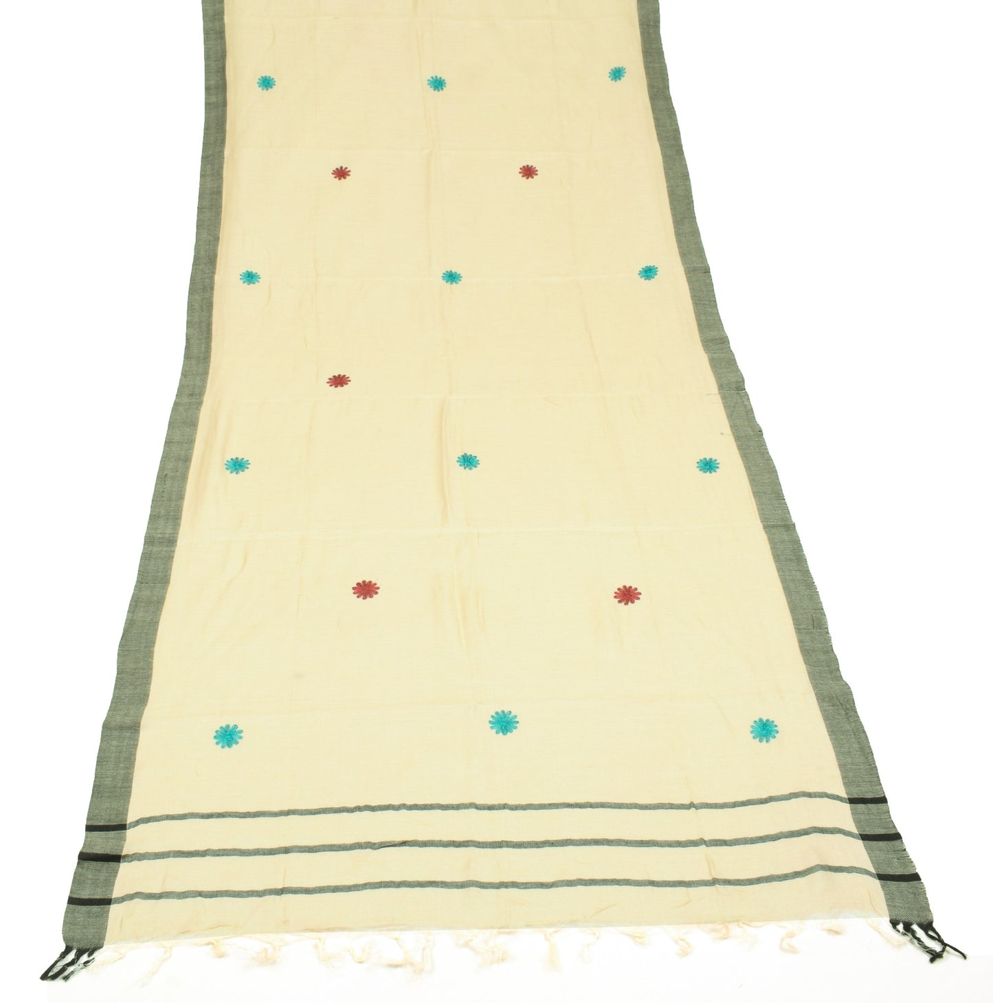 Sushila Vintage Pure Woolen Dupatta Woven Kashmiri Embroidered Cream Long Stole