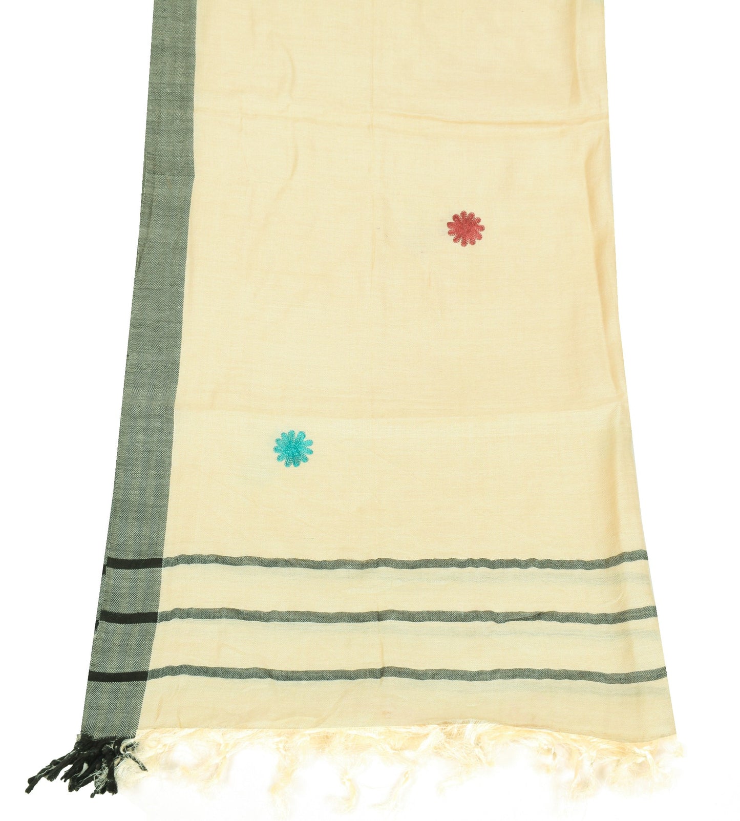 Sushila Vintage Pure Woolen Dupatta Woven Kashmiri Embroidered Cream Long Stole