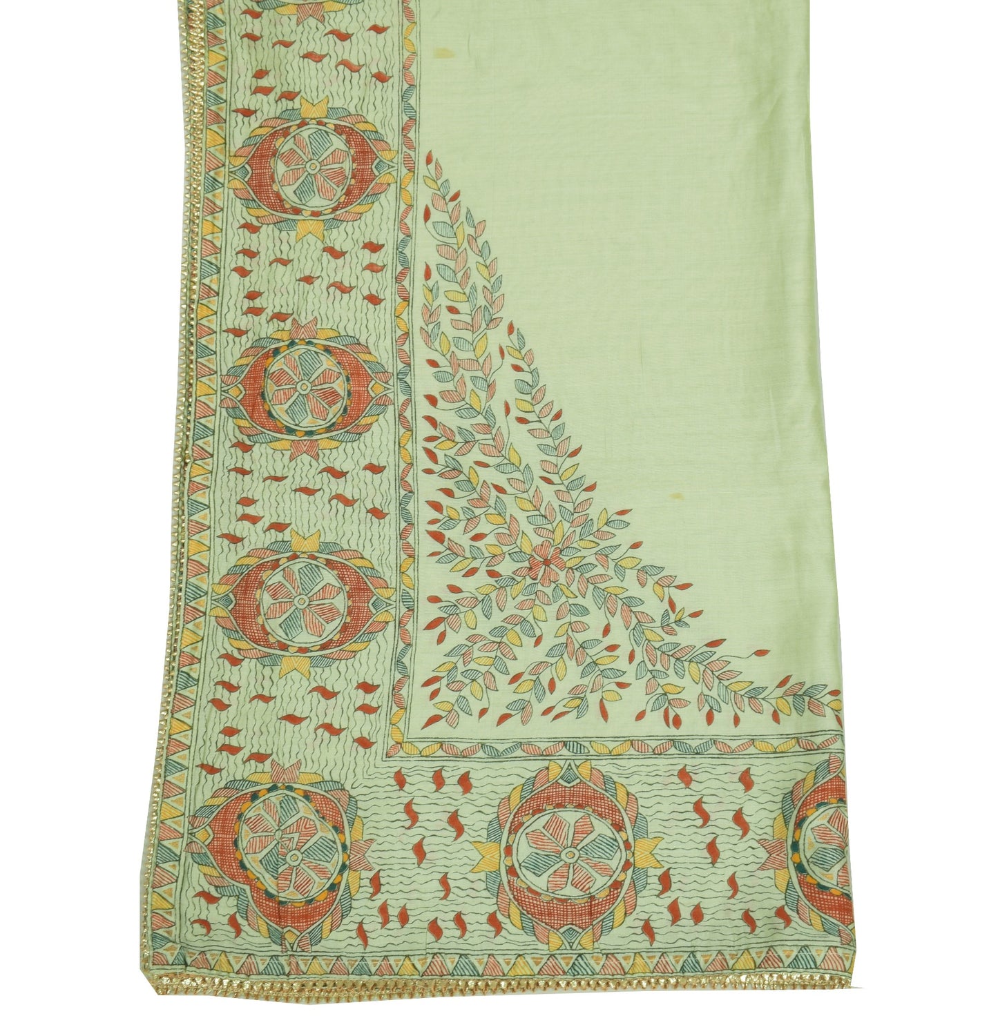 Sushila Vintage Pista Green Dupatta100% Pure Cotton Madhubani Printed Long Stole