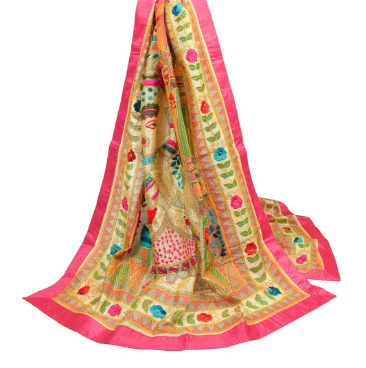 Sushila Vintage Cream Art Silk Dupatta Folk Printed & Hand Embroidery Long Stole