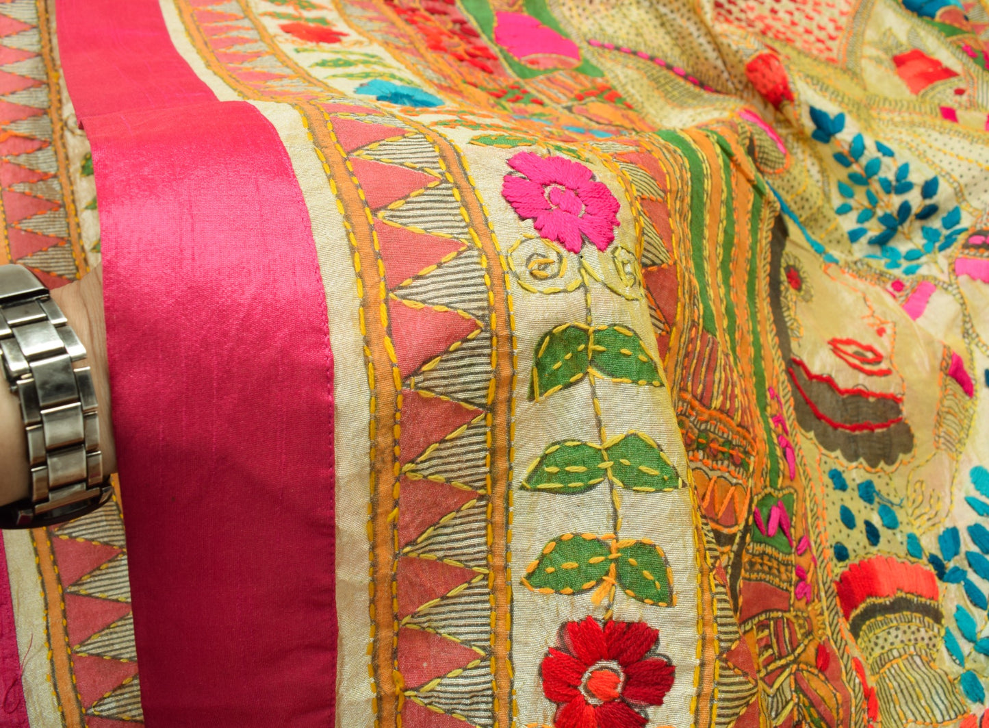 Sushila Vintage Cream Art Silk Dupatta Folk Printed & Hand Embroidery Long Stole