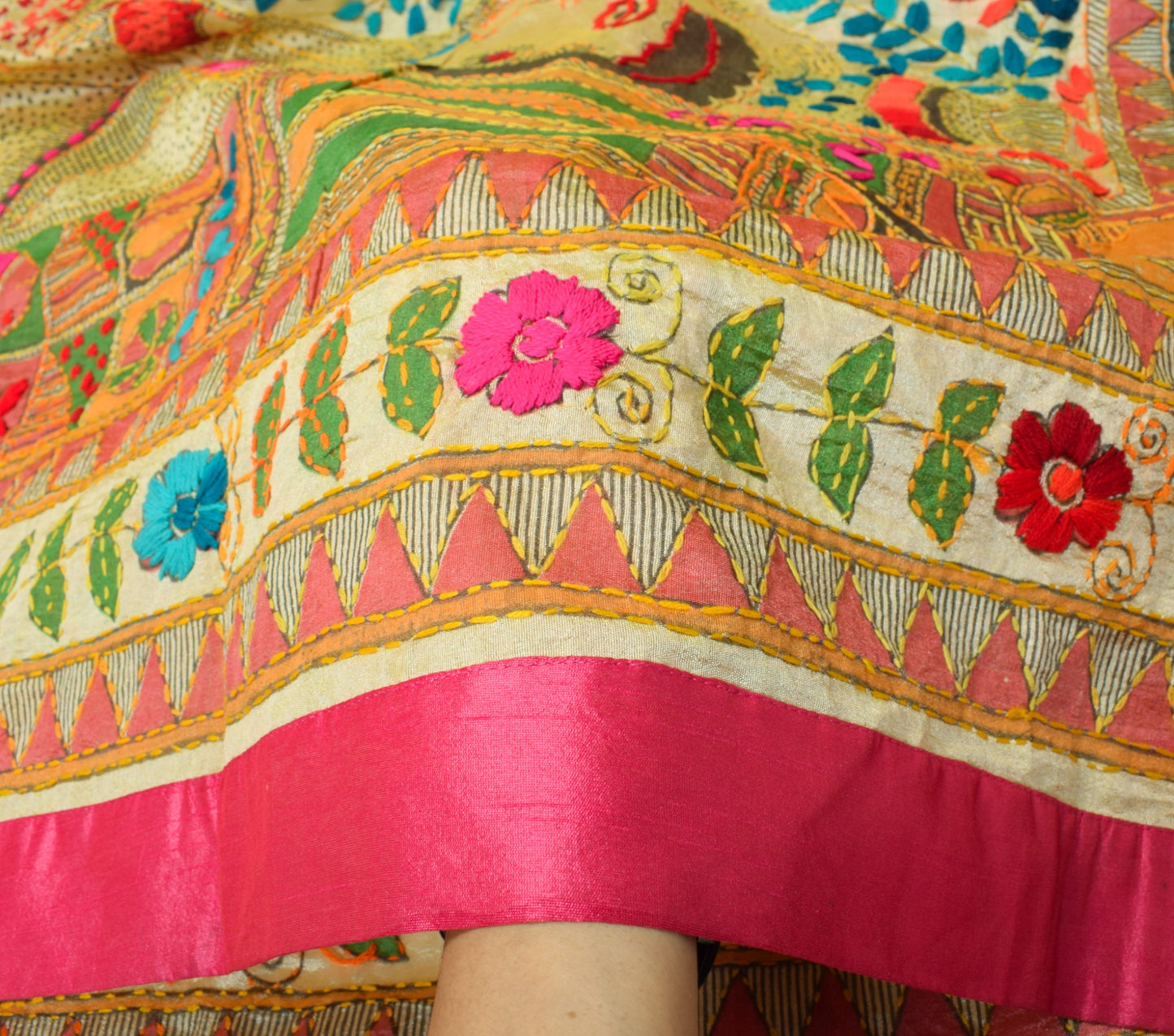 Sushila Vintage Cream Art Silk Dupatta Folk Printed & Hand Embroidery Long Stole