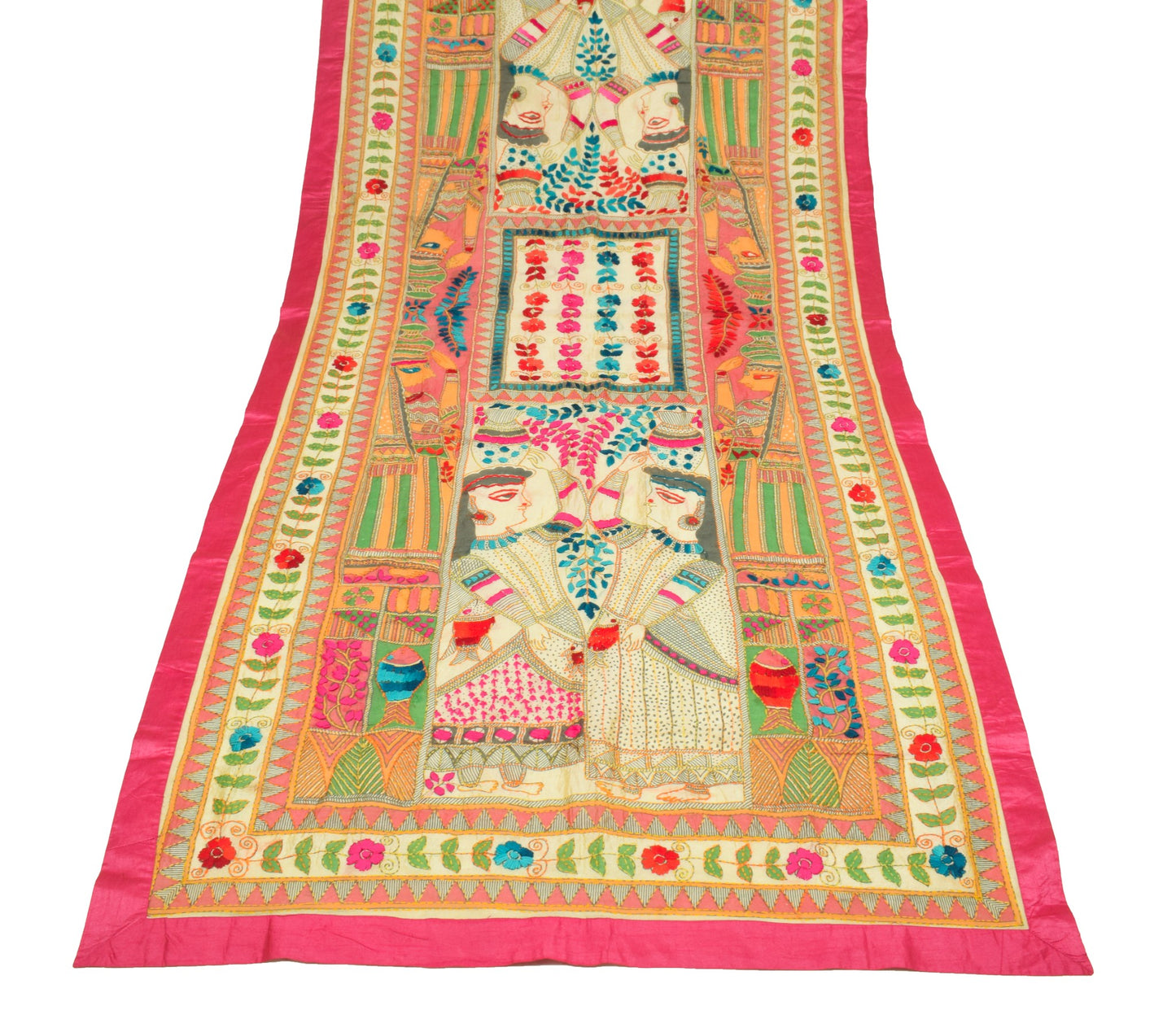 Sushila Vintage Cream Art Silk Dupatta Folk Printed & Hand Embroidery Long Stole