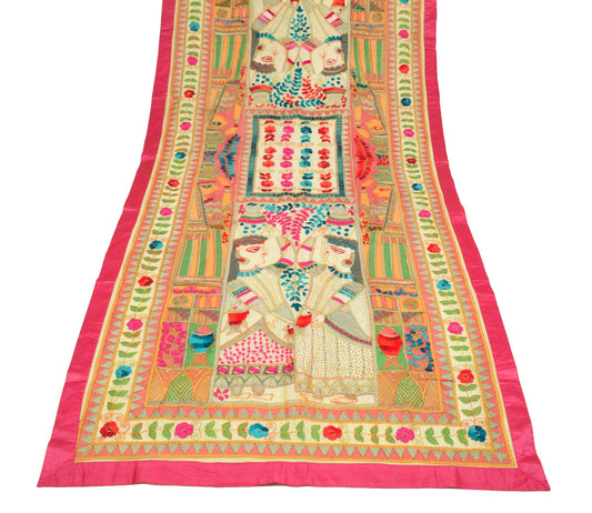 Sushila Vintage Cream Art Silk Dupatta Folk Printed & Hand Embroidery Long Stole