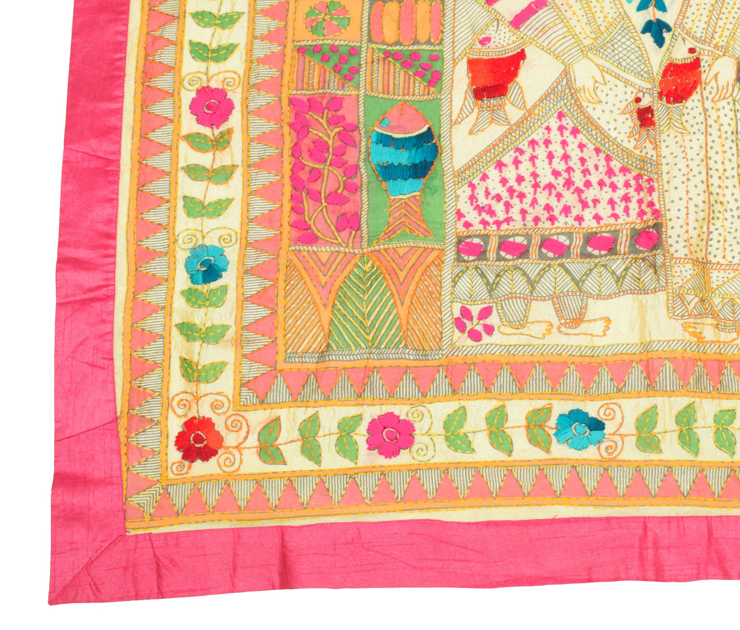 Sushila Vintage Cream Art Silk Dupatta Folk Printed & Hand Embroidery Long Stole