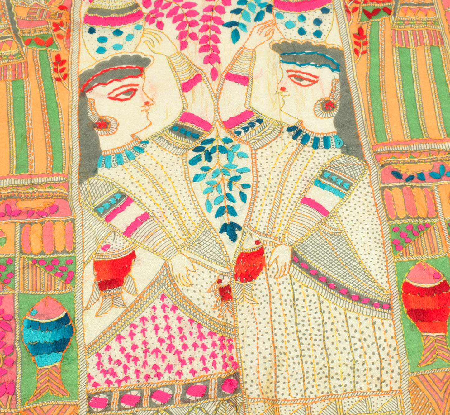 Sushila Vintage Cream Art Silk Dupatta Folk Printed & Hand Embroidery Long Stole