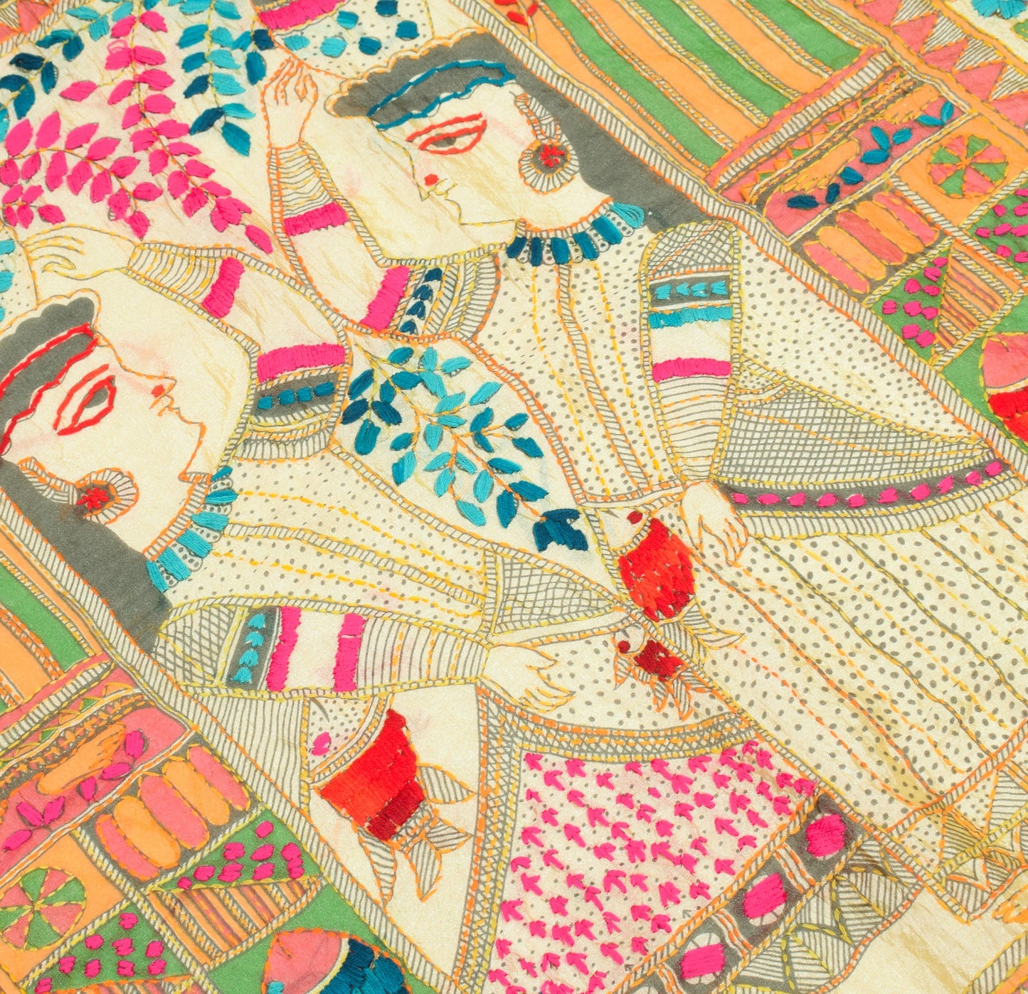 Sushila Vintage Cream Art Silk Dupatta Folk Printed & Hand Embroidery Long Stole