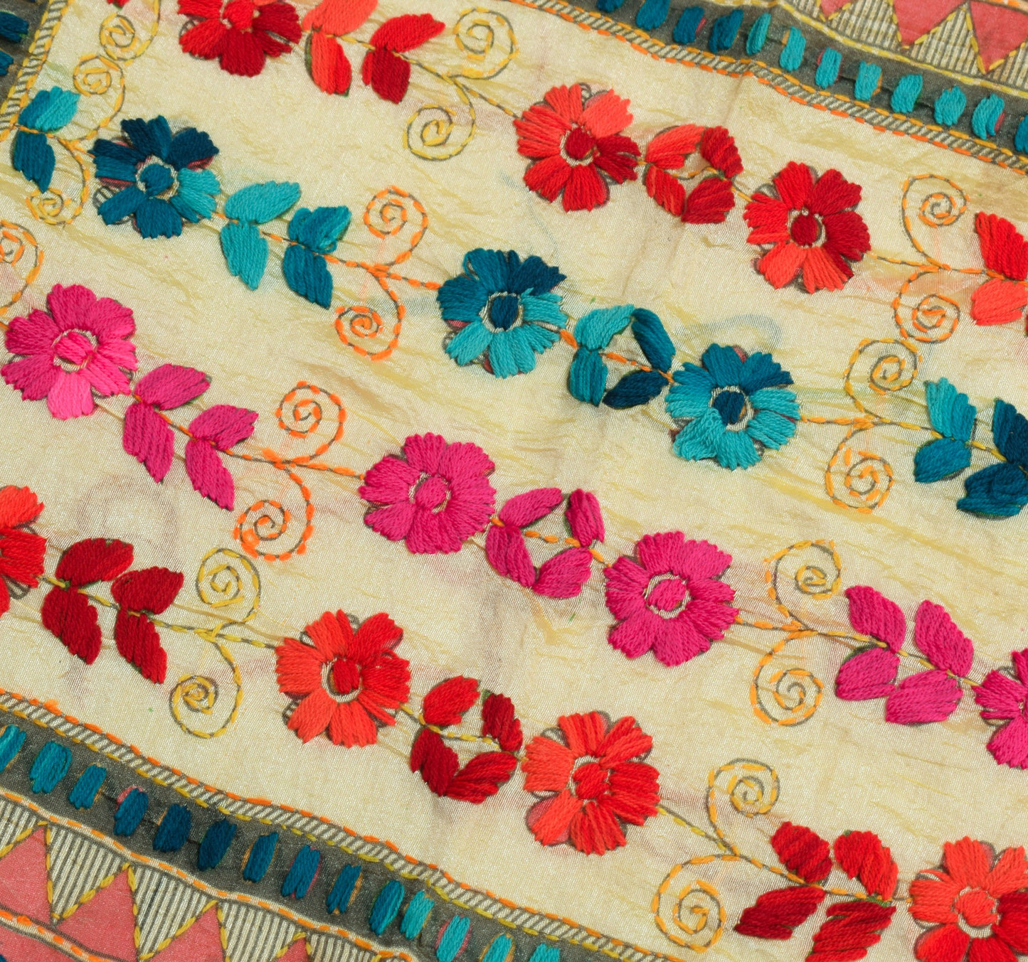 Sushila Vintage Cream Art Silk Dupatta Folk Printed & Hand Embroidery Long Stole