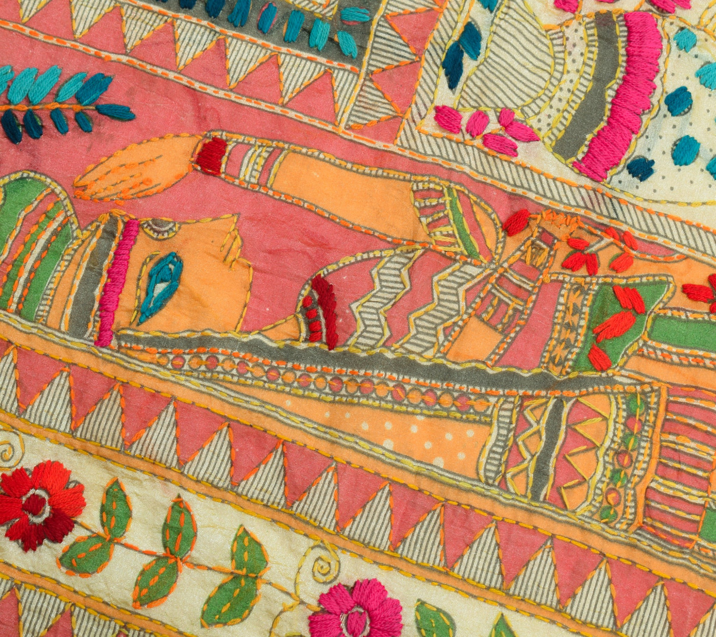 Sushila Vintage Cream Art Silk Dupatta Folk Printed & Hand Embroidery Long Stole