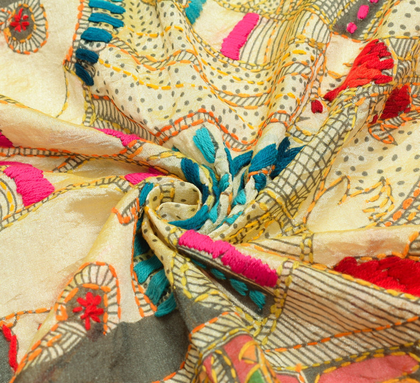 Sushila Vintage Cream Art Silk Dupatta Folk Printed & Hand Embroidery Long Stole