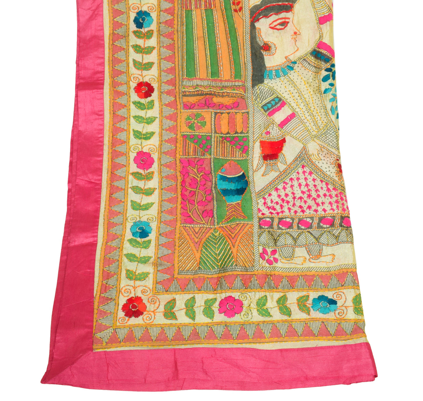 Sushila Vintage Cream Art Silk Dupatta Folk Printed & Hand Embroidery Long Stole