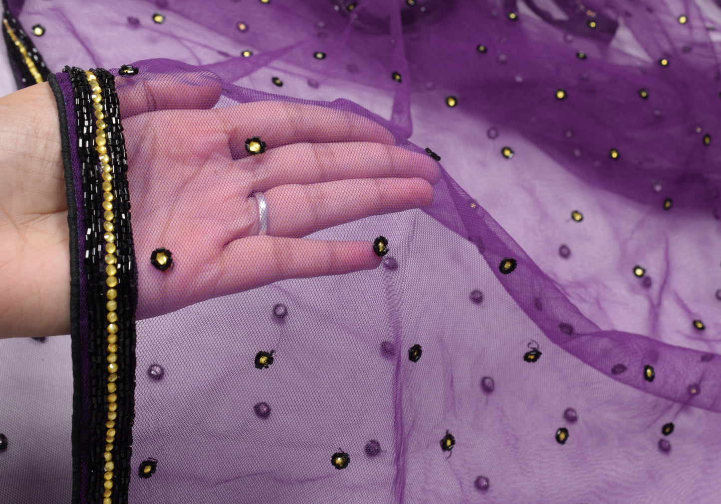 Sushila Vintage Purple Net Mesh Dupatta Glass Beads Embellish Fancy Long Stole