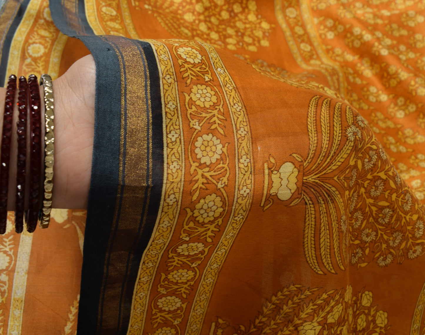 Sushila Vintage Mustard Floral Dupatta Pure Cotton Silk Printed Wrap Long Stole
