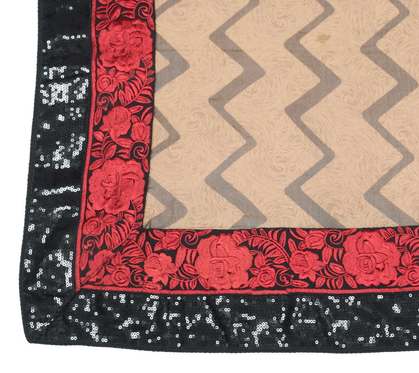 Sushila Vintage Printed Patch Work Dupatta Pure Georgette Brown Long Stole Wrap