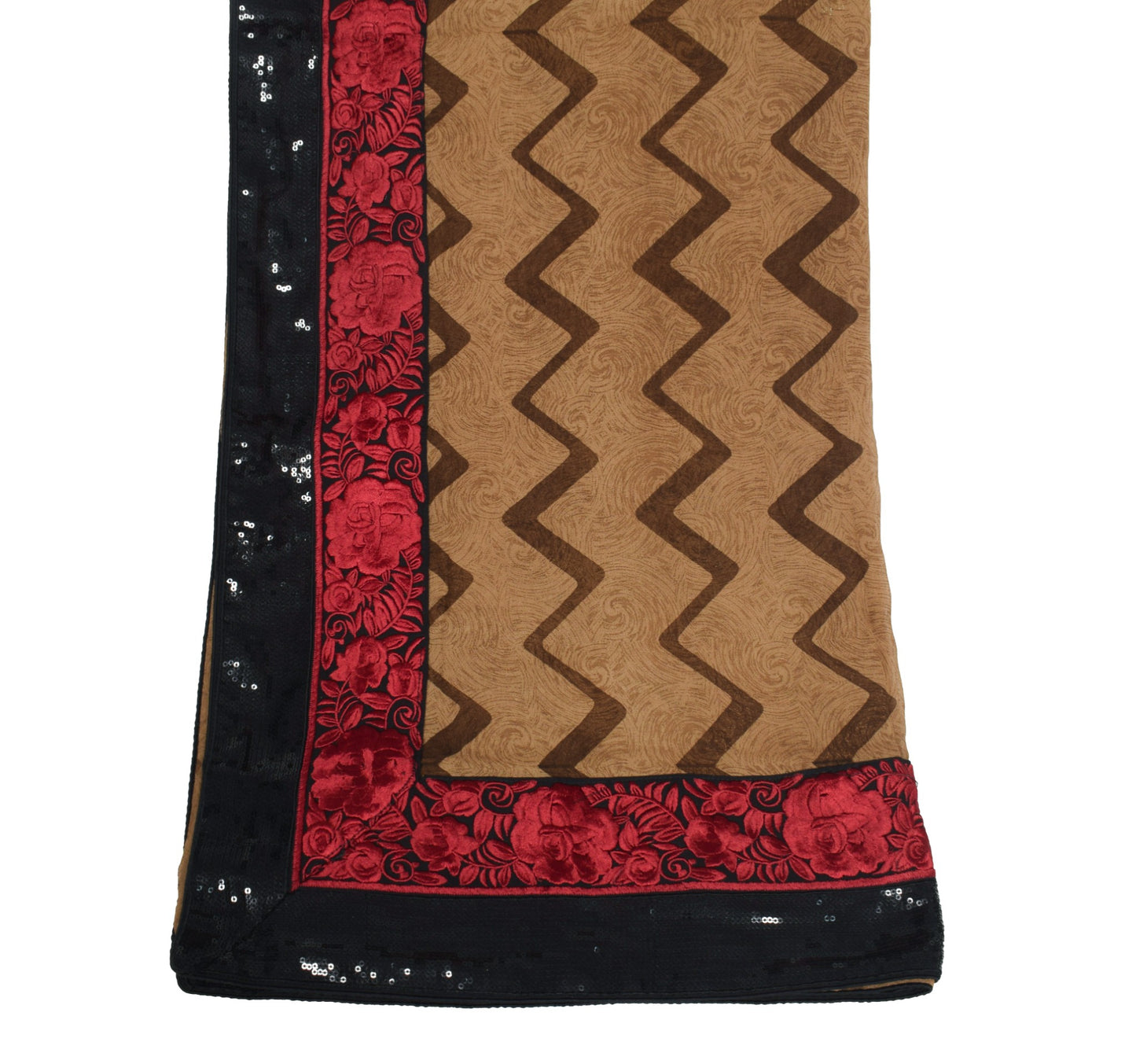 Sushila Vintage Printed Patch Work Dupatta Pure Georgette Brown Long Stole Wrap