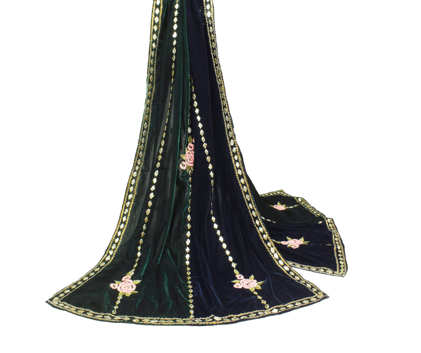 Sushila Vintage Velvet Nikaah Dupatta Embroidered Floral Green Blue Long Stole
