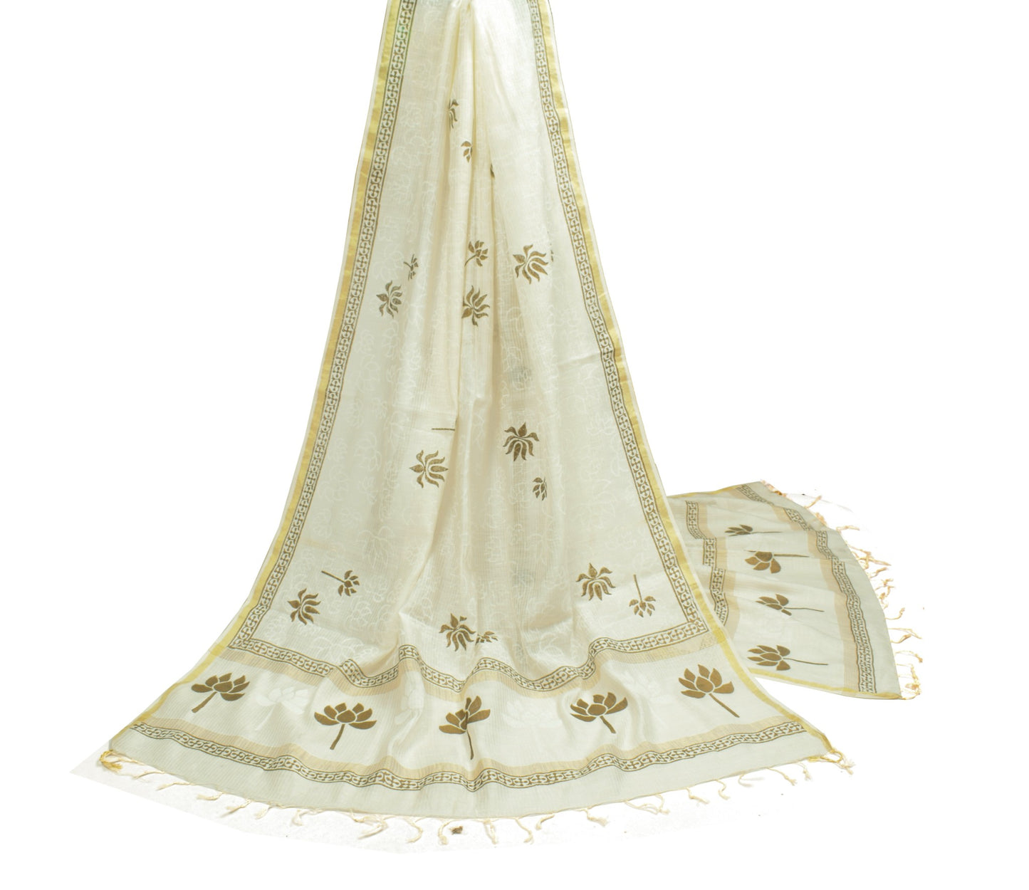Sushila Vintage White Floral Dupatta Hand Block Silk Cotton Maheshwari LongStole