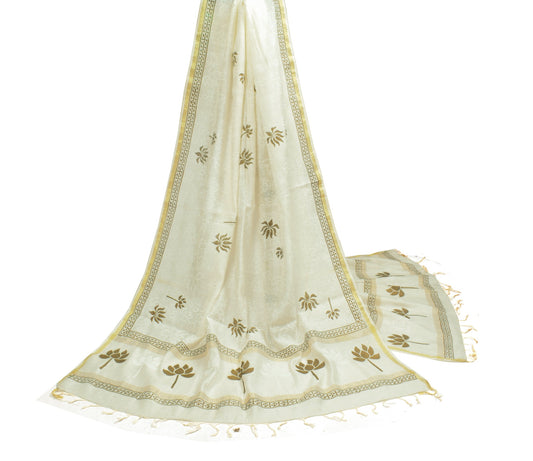 Sushila Vintage White Floral Dupatta Hand Block Silk Cotton Maheshwari LongStole
