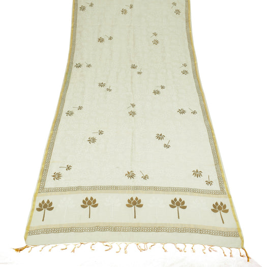 Sushila Vintage White Floral Dupatta Hand Block Silk Cotton Maheshwari LongStole