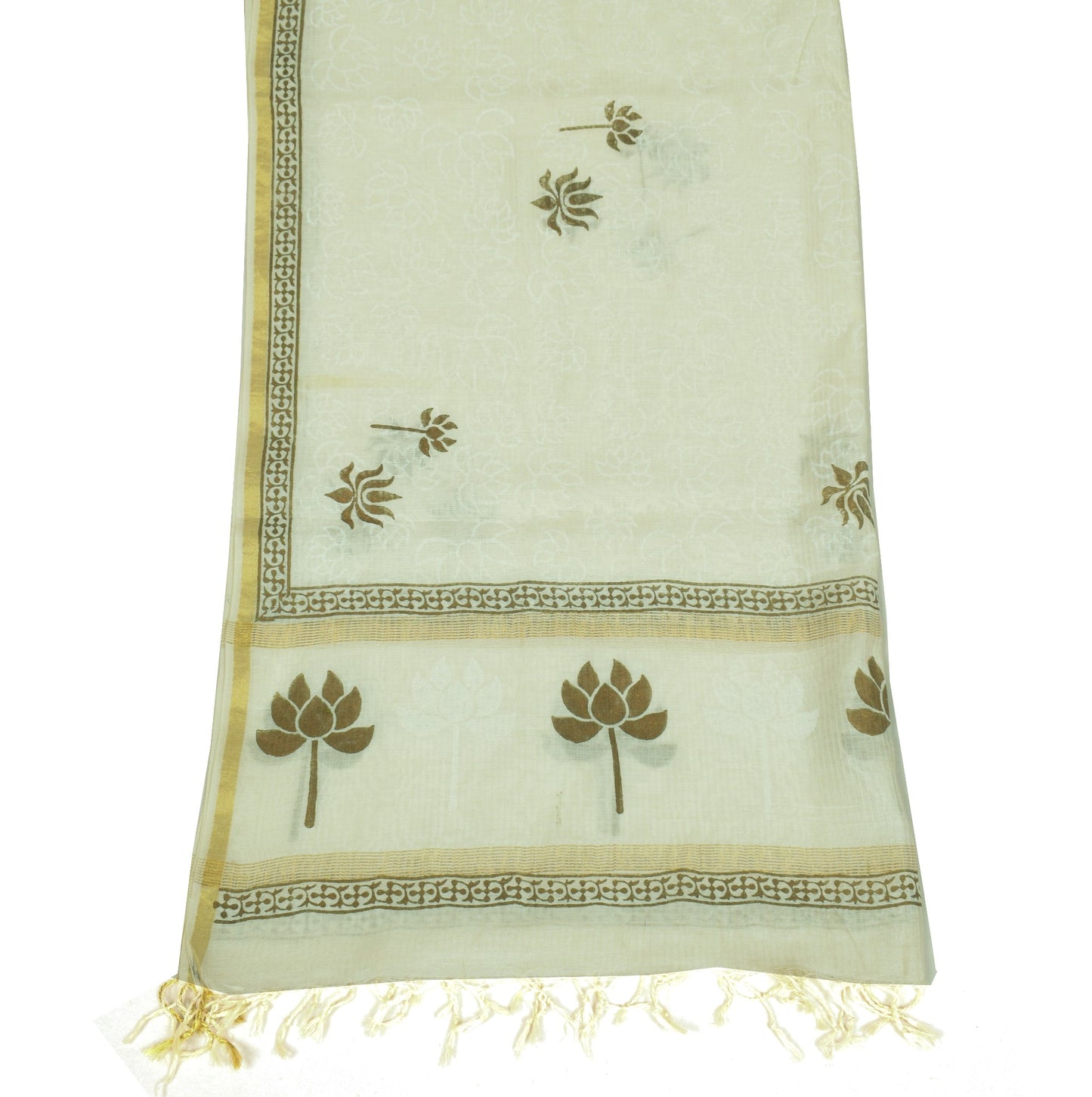 Sushila Vintage White Floral Dupatta Hand Block Silk Cotton Maheshwari LongStole