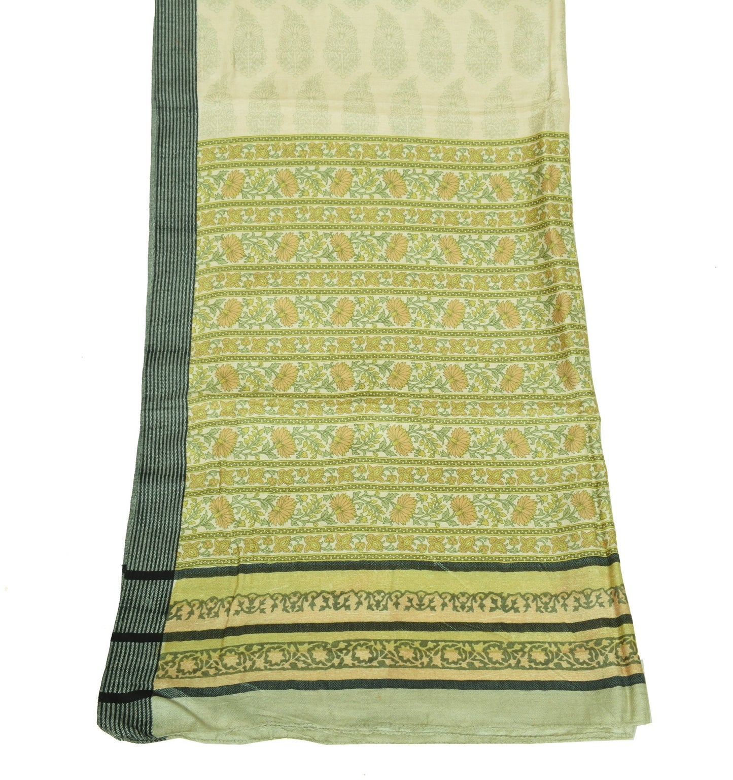 Sushila Vintage Cream Dupatta Floral Printed Woven Pure Woolen Soft Long Stole
