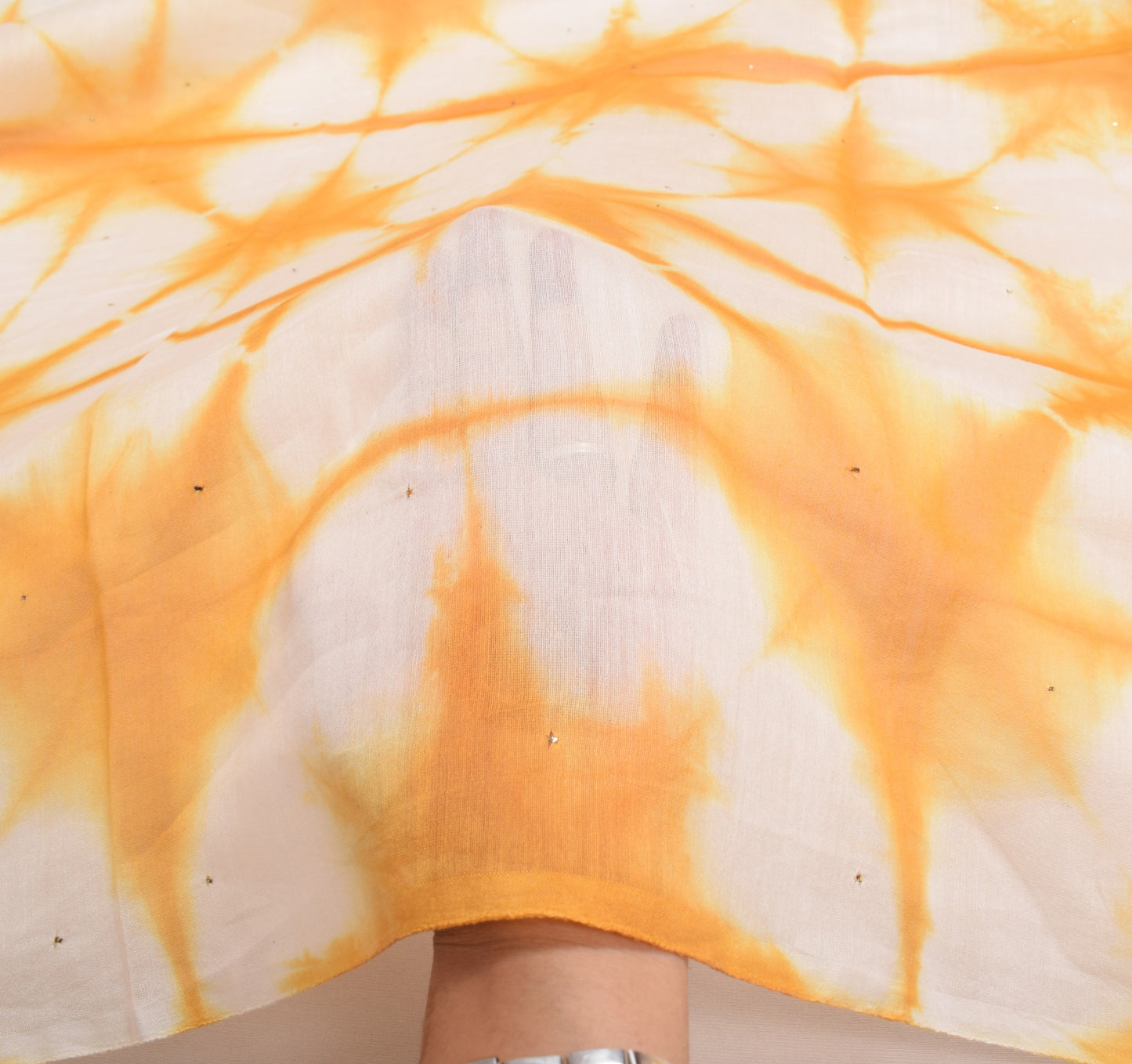 Sushila Vintage Mustard Tie-Dye Dupatta Pure Cotton Silk Mukesh Work Long Stole