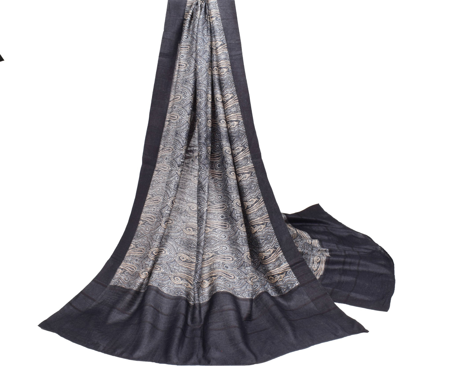 Sushila Vintage Pure Woolen Black Dupatta Paisley Printed Soft Shawl Long Stole